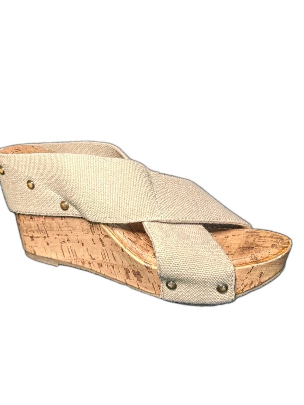 ESPRIT Women's Size 7 Faux Cork Wedge Sandal Beige w/ Wide Stretchy Strap